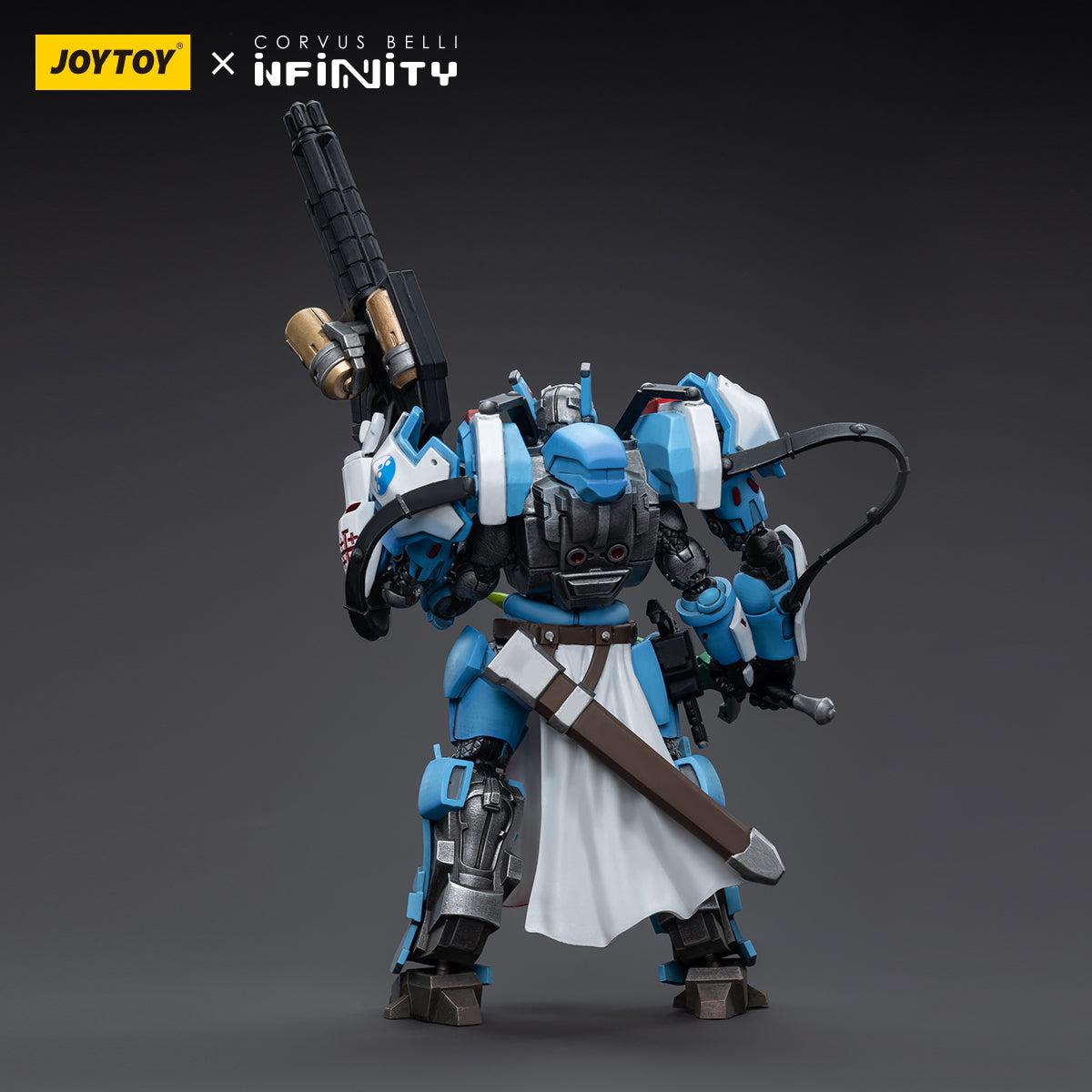Back view of the PanOceania Knight of the Holy Sepulchre, showcasing the detailed plate armor and the large ceremonial backpack, which holds sacred equipment.