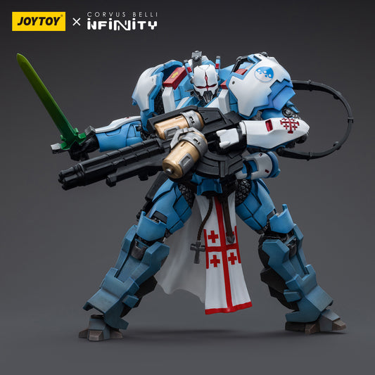 PanOceania Knight of the Holy Sepulchre in combat pose, holding the sword high in one hand while the shield is poised for defense.