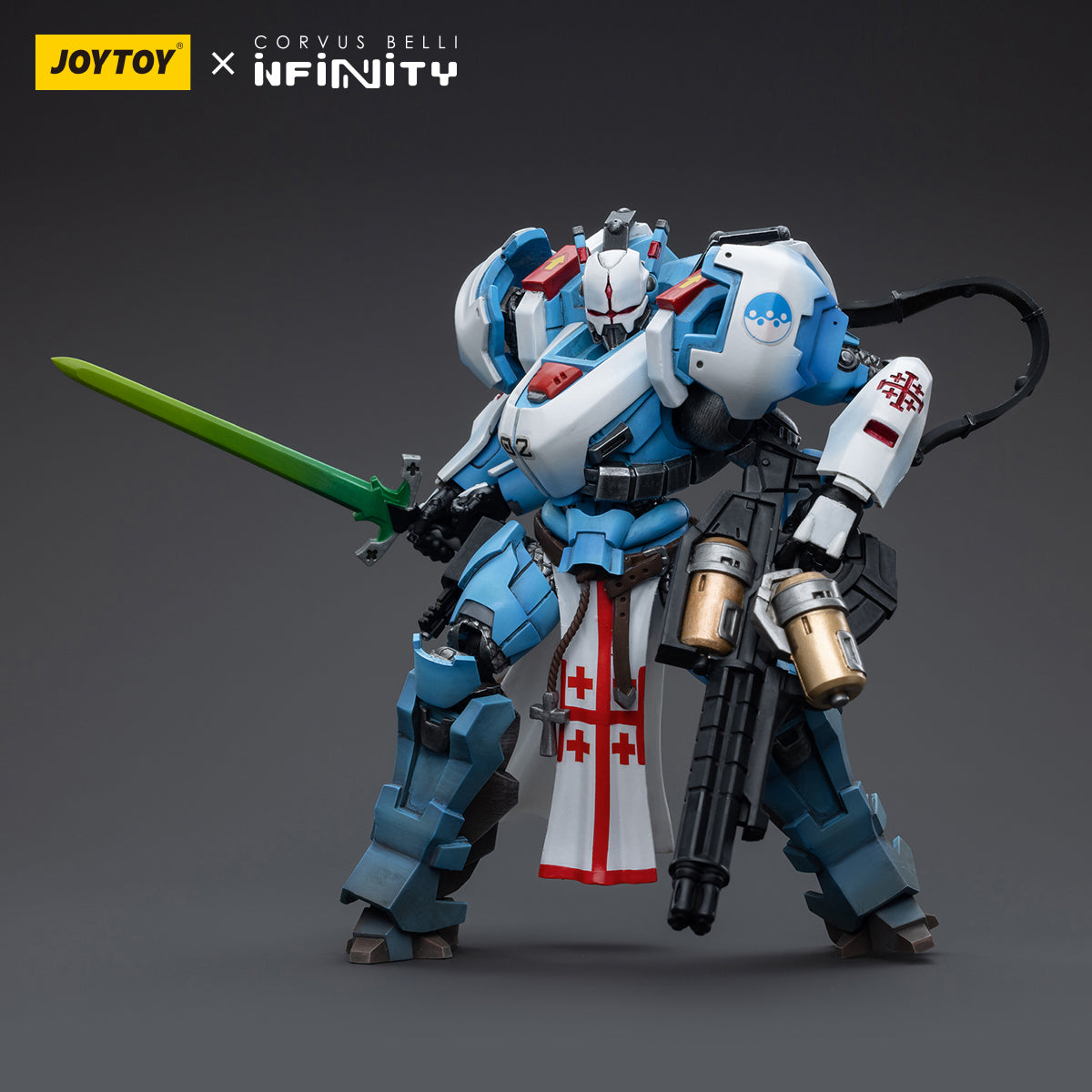 PanOceania Knight of the Holy Sepulchre in combat pose, holding the sword high in one hand while the shield is poised for defense. The knight is ready to face any foe with a powerful stance, embodying the sacred strength of their order.