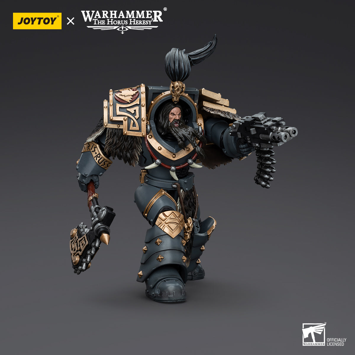 Space Wolves Grey Slayer in combat stance, holding weapon in action-ready pose, fully armored and poised for battle.