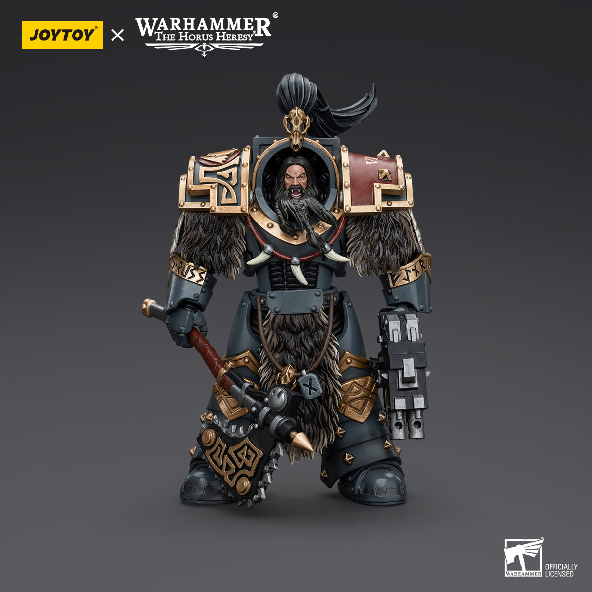 Space Wolves Grey Slayer in full armor, front view. Warrior with wolf-themed armor and weapons, ready for battle.