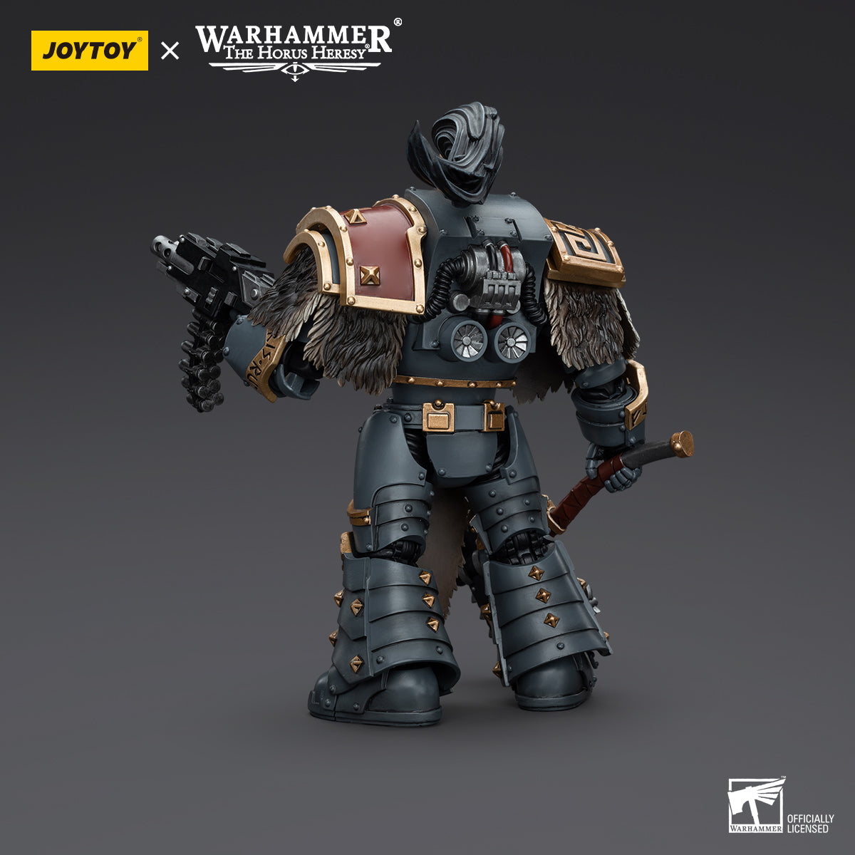 Back view of Space Wolves Grey Slayer, highlighting the rear armor, power pack, and wolf pelt details, prepared for combat.