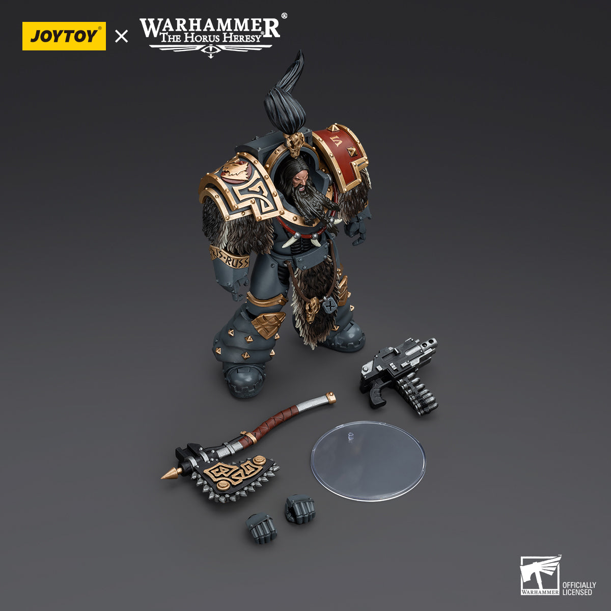 Package contents for Space Wolves Grey Slayer, including the figure, weapon, interchangeable hands, and additional armor accessories.