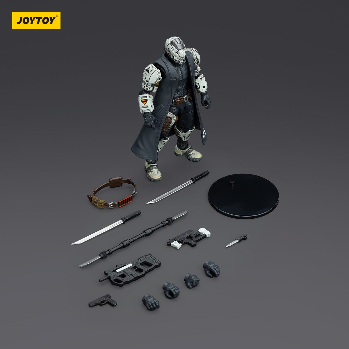 Package contents of Sorrow Expeditionary Forces - 09th Legion Assault Company - Stealth Master. Includes the main figure, interchangeable hands, weapons, and accessories laid out for display.