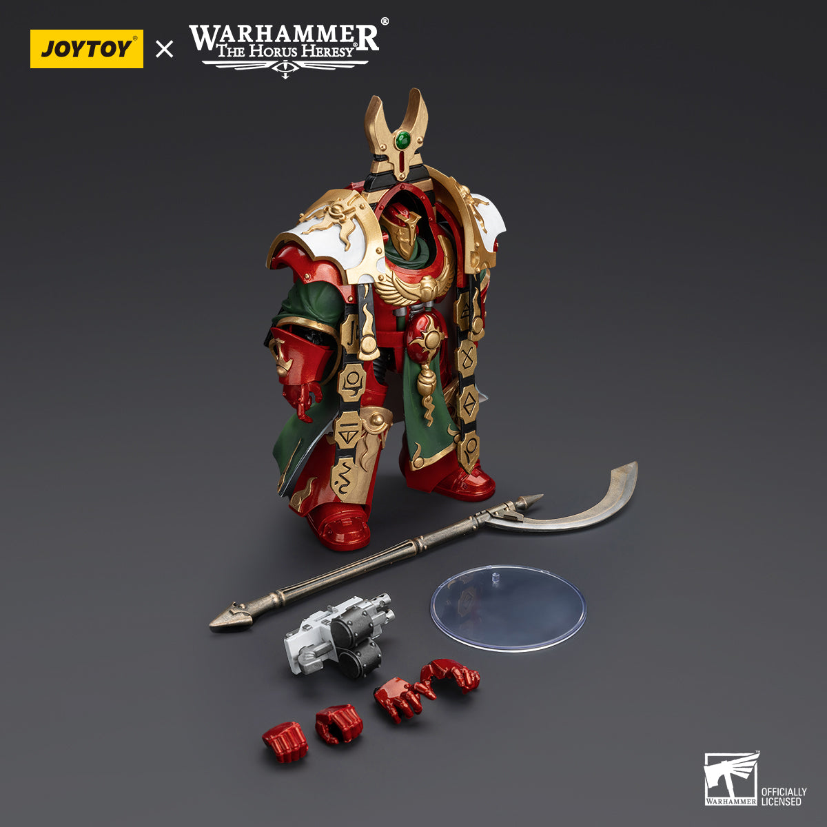 Package contents for Thousand Sons Praetor in Cataphractii Terminator armor, including the figure, weaponry, interchangeable hands, and components to fully assemble the Praetor.