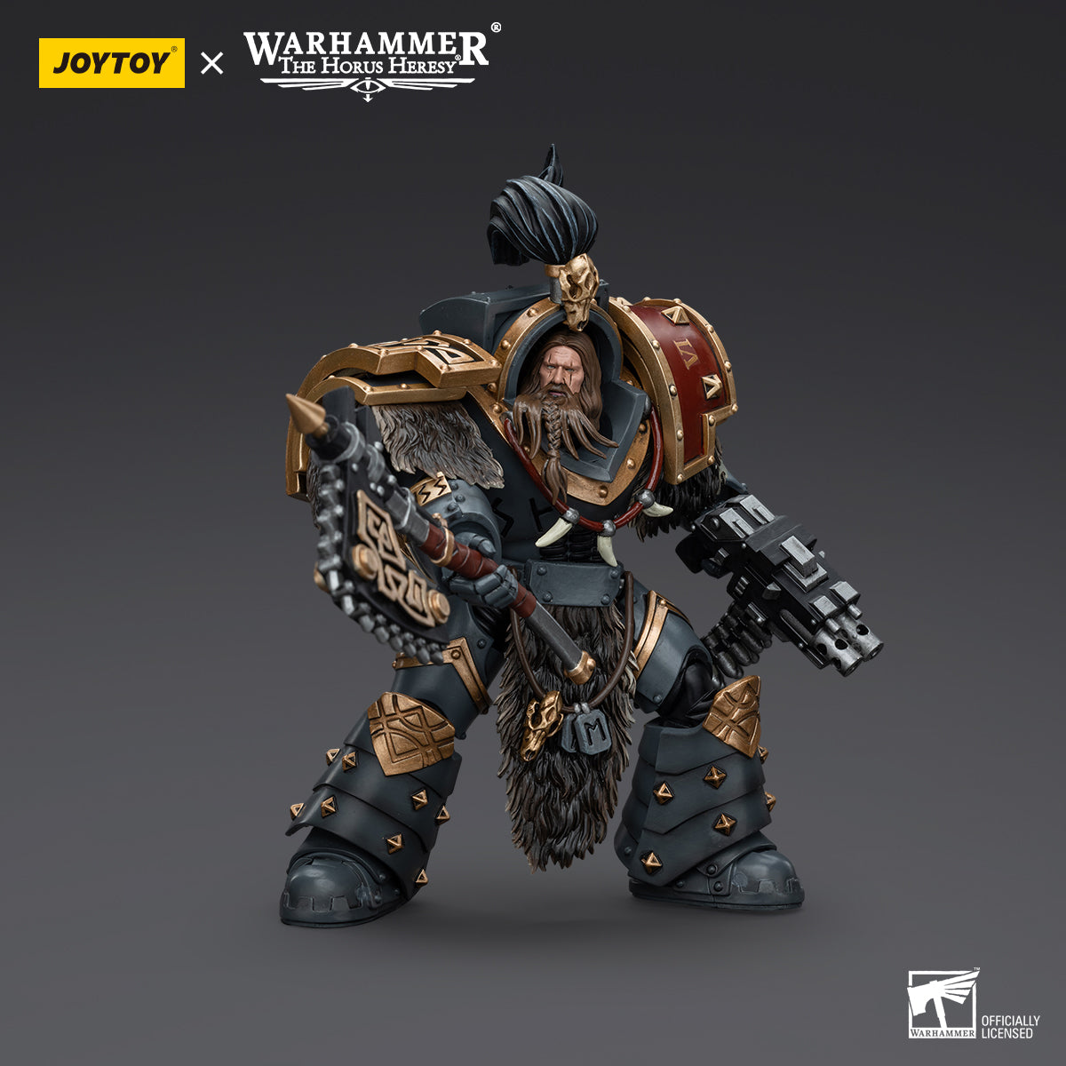 Space Wolves Grey Slayer in combat stance, holding weapon in action-ready pose, fully armored and poised for battle.