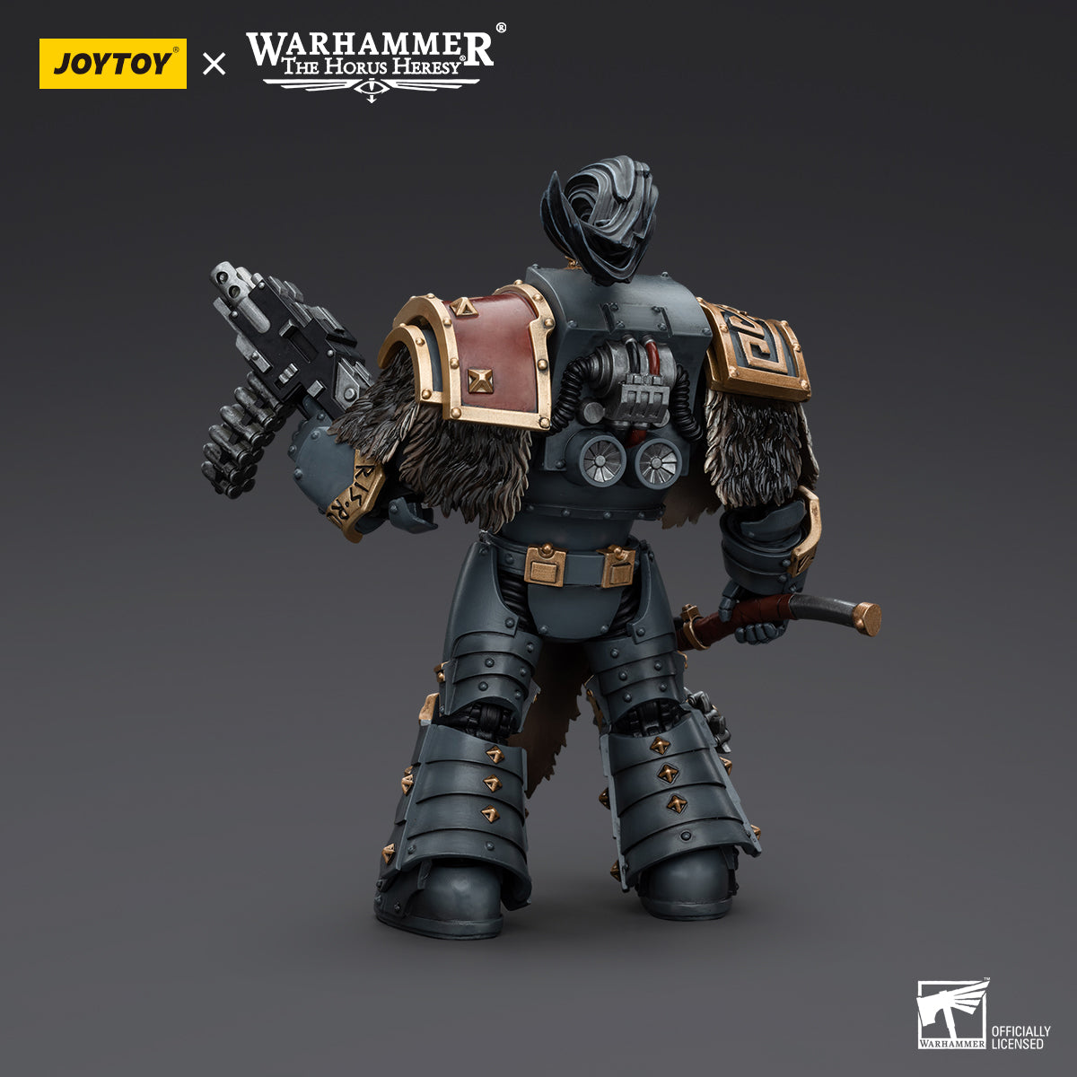 Back view of Space Wolves Grey Slayer, highlighting the rear armor, power pack, and wolf pelt details, prepared for combat.