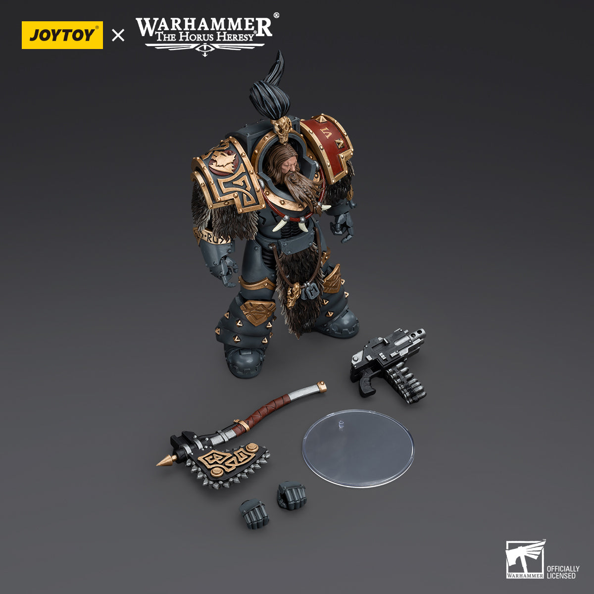 Package contents for Space Wolves Grey Slayer, including the figure, weapon, interchangeable hands, and additional armor accessories.
