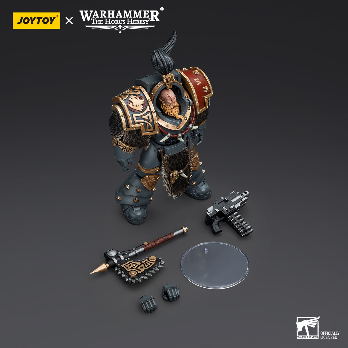 Package contents for Space Wolves Varagyr Wolf Guard Terminator, including the figure, power fist, interchangeable hands, and armor accessories.