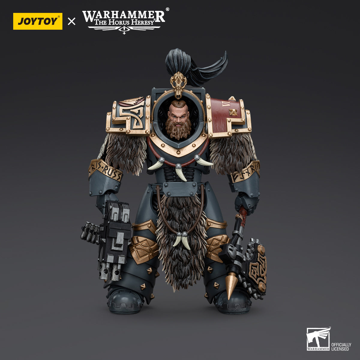 Space Wolves Varagyr Wolf Guard Terminator in full armor, front view. Clad in iconic Terminator armor with wolf motifs and ready for battle.