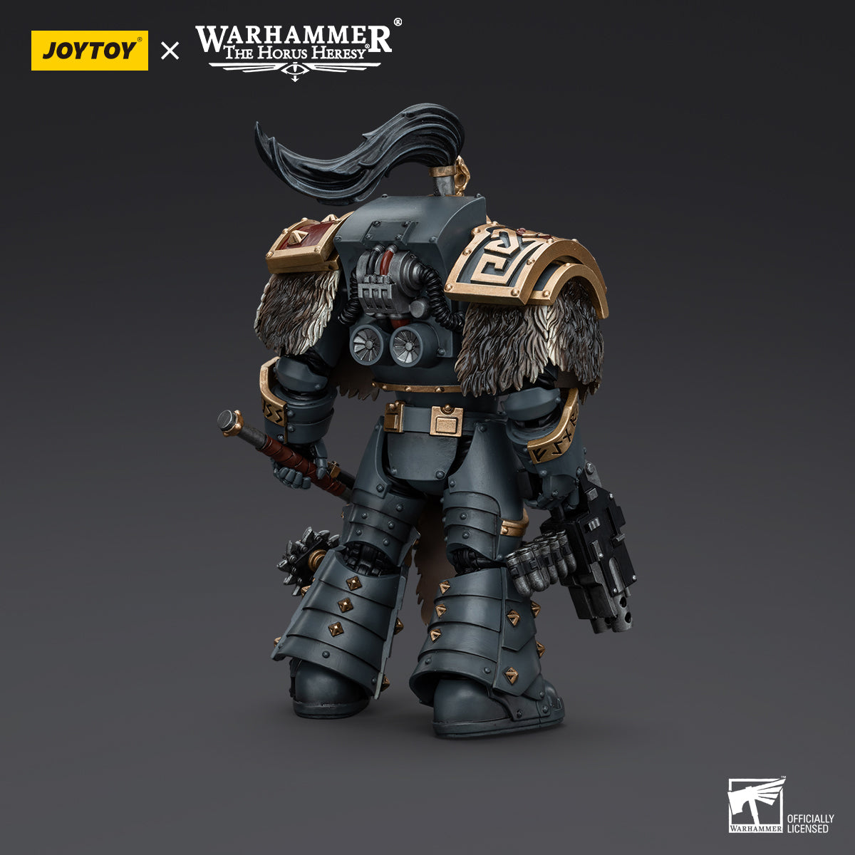 Back view of Space Wolves Varagyr Wolf Guard Terminator, highlighting the rear of his Terminator armor, power pack, and wolf pelt details.