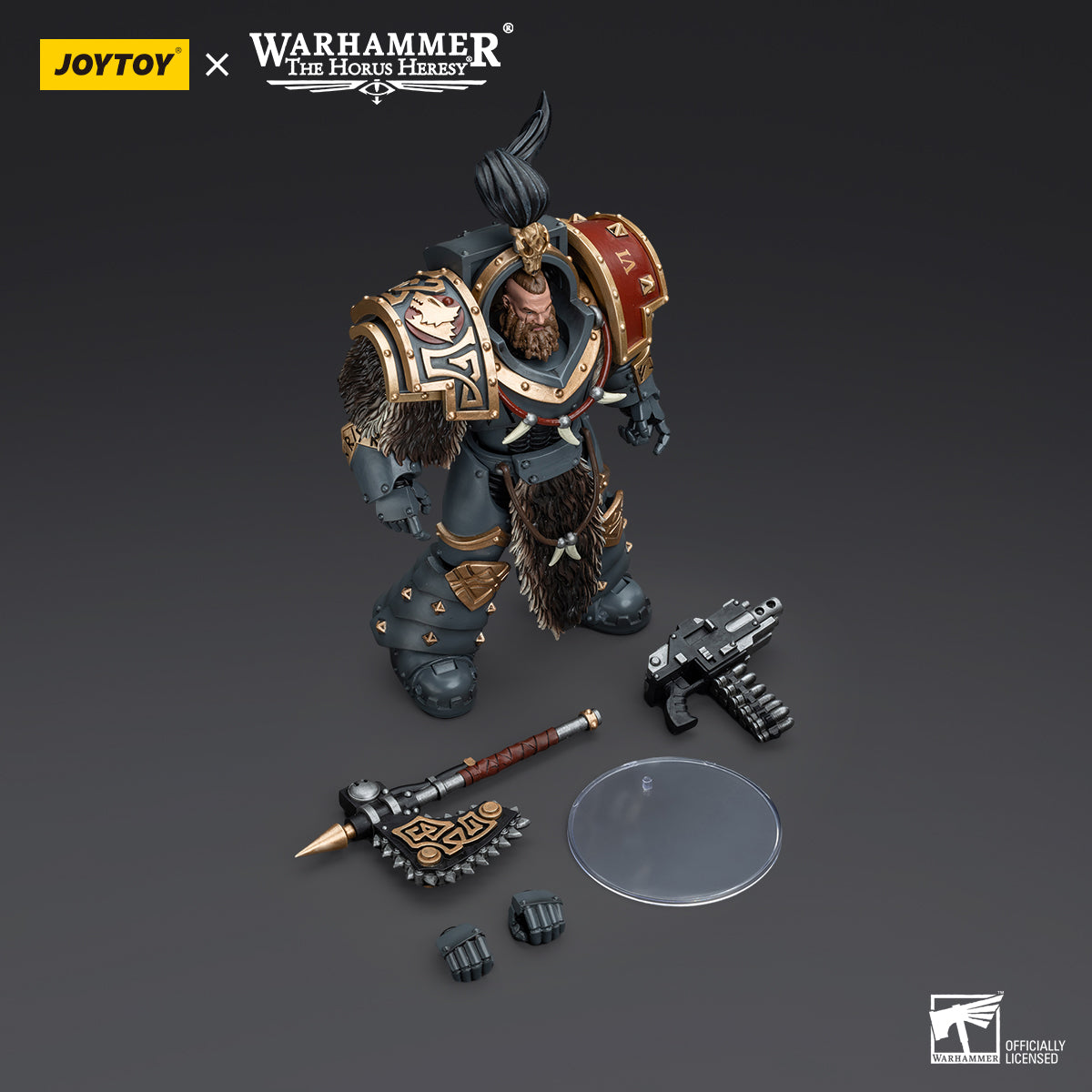 Package contents for Space Wolves Varagyr Wolf Guard Terminator, including the figure, power fist, interchangeable hands, and armor accessories.