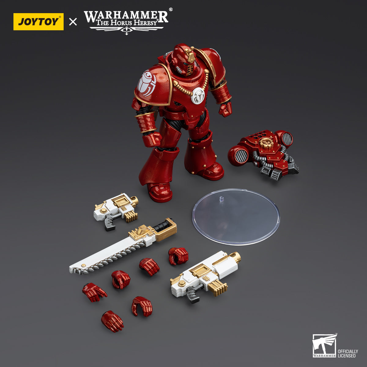 Package contents for Thousand Sons Legionary in MKIV armor, including the figure, bolter, interchangeable hands, and armor pieces to assemble the complete figure