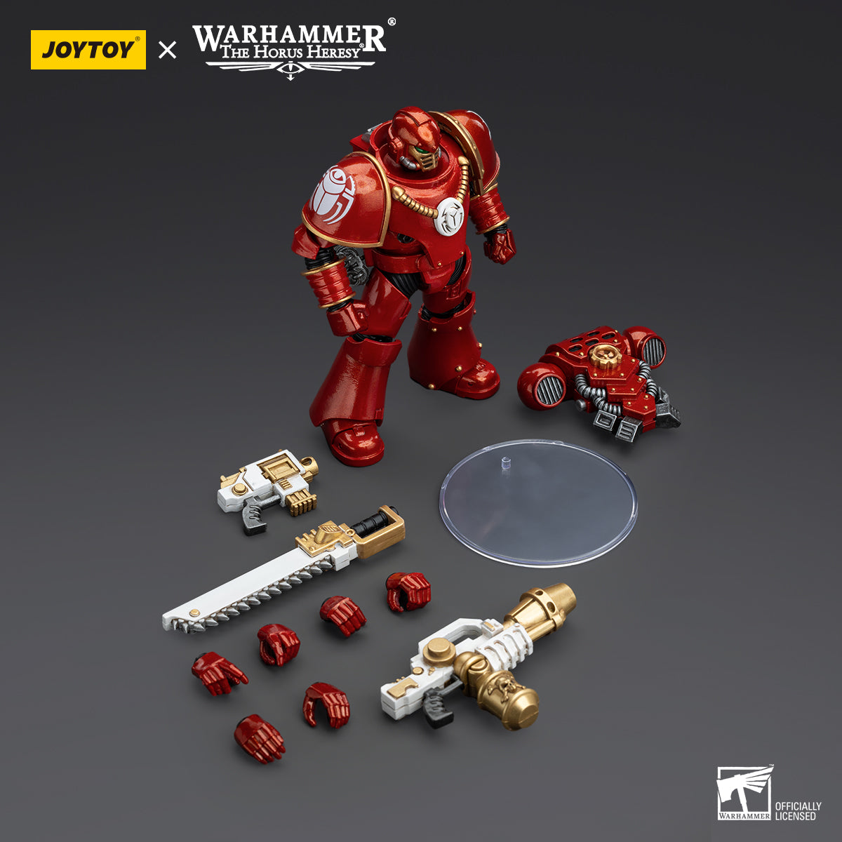 Package contents for Thousand Sons Legionary in MKIV armor, including the figure, bolter, interchangeable hands, and armor pieces to assemble the complete figure.