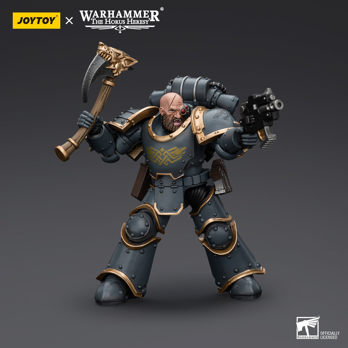 Space Wolves Grey Slayer in combat stance, holding weapon in action-ready pose, fully armored and poised for battle.