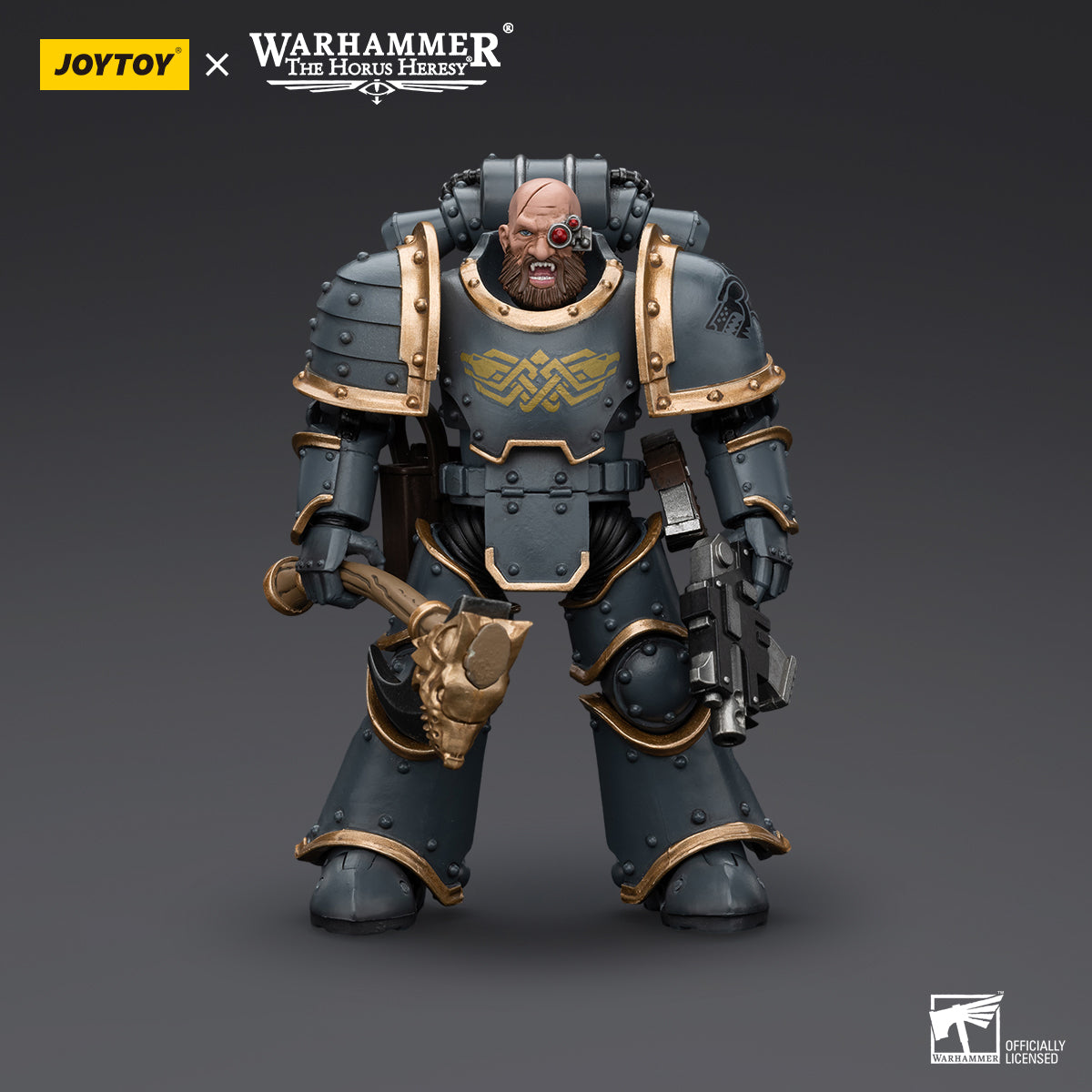 Space Wolves Grey Slayer in full armor, front view. Warrior with wolf-themed armor and weapons, ready for battle.