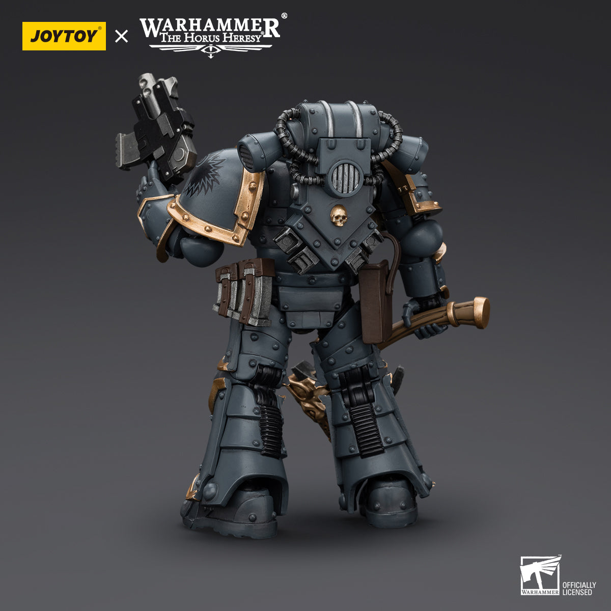 Back view of Space Wolves Grey Slayer, highlighting the rear armor, power pack, and wolf pelt details, prepared for combat.