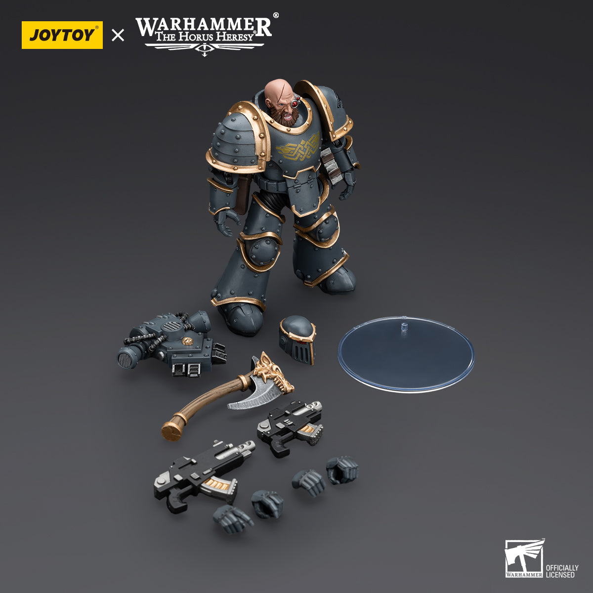 Package contents for Space Wolves Grey Slayer, including the figure, weapon, interchangeable hands, and additional armor accessories.