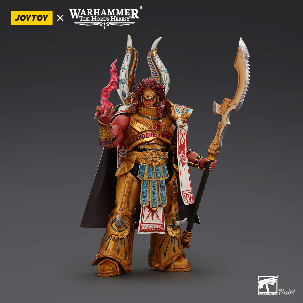Side view of Magnus the Red, showing his towering figure, detailed armor, and flowing robes.