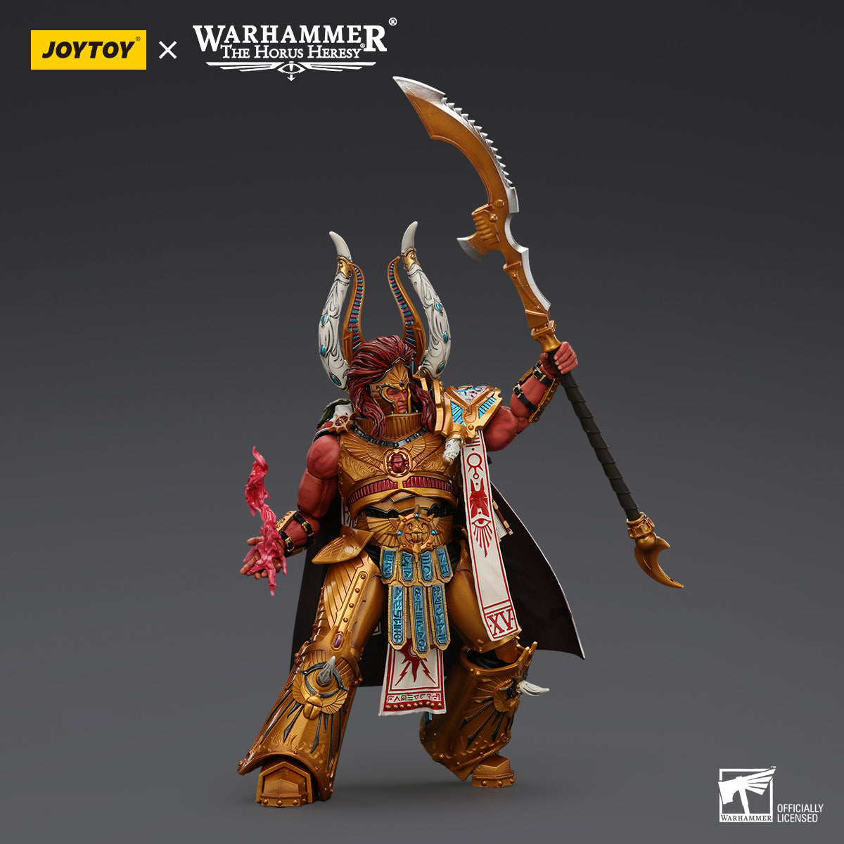 Side view of Magnus the Red, showing his towering figure, detailed armor, and flowing robes.