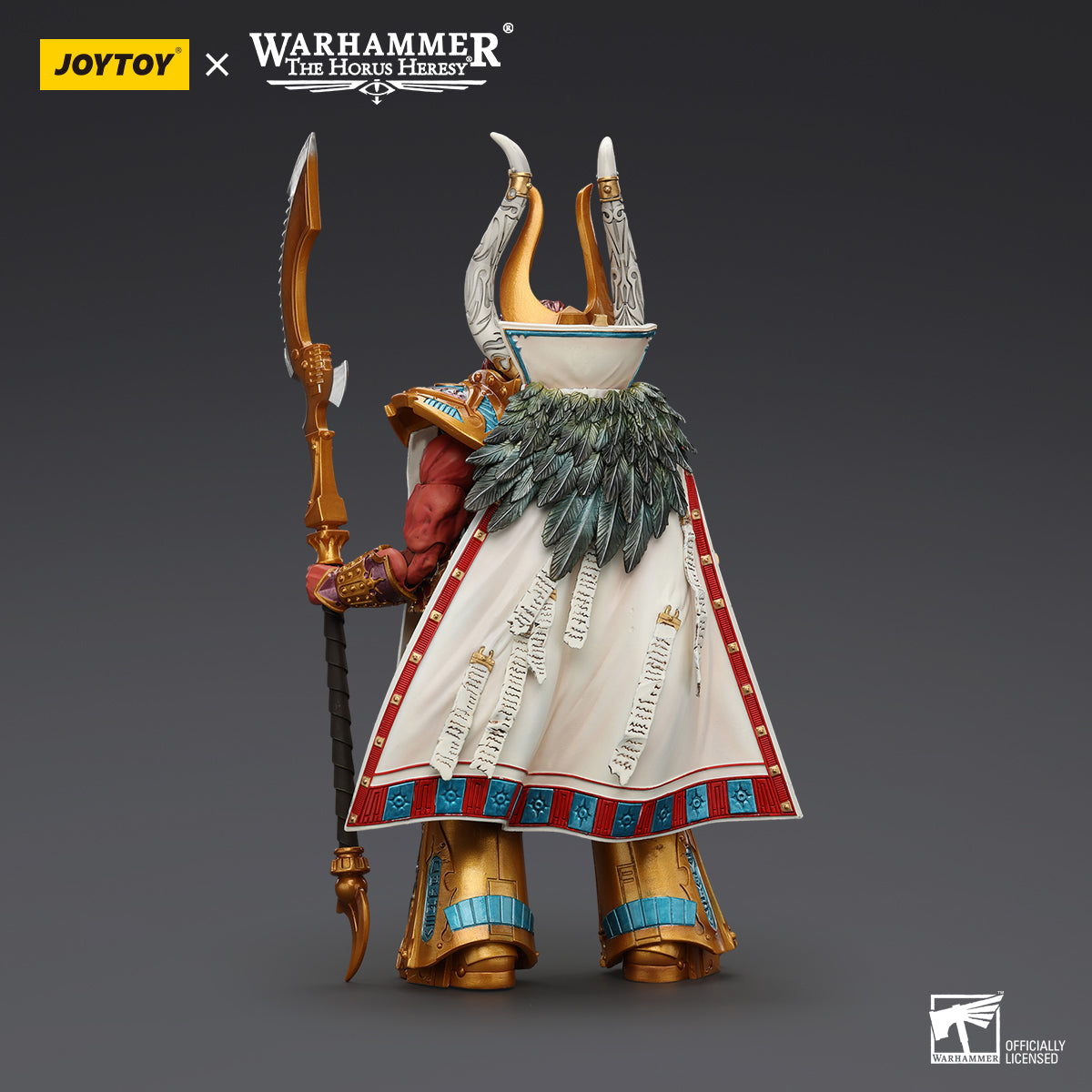 Back view of Magnus the Red, emphasizing the grandeur of his regal armor, the elaborate cloak flowing behind him, and his towering presence as a Primarch.