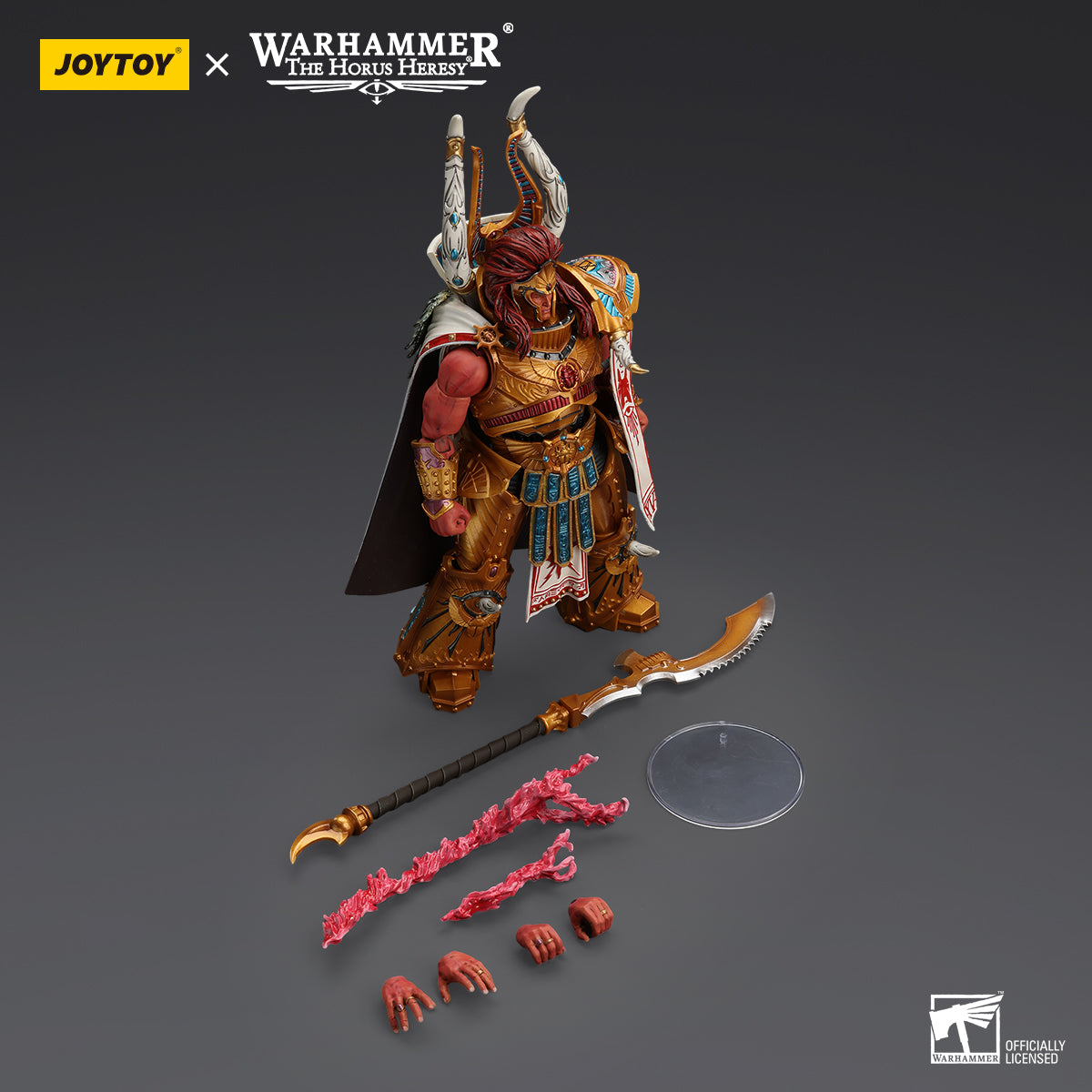Package contents for Magnus the Red, Primarch of the Thousand Sons, including the figure, weapon, interchangeable hands, and detailed armor pieces for assembly.