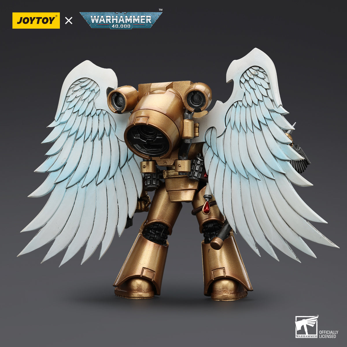 Back view of Blood Angels Sanguinary Guard with Encarmine Axe, highlighting the rear of the figure’s armor and wings