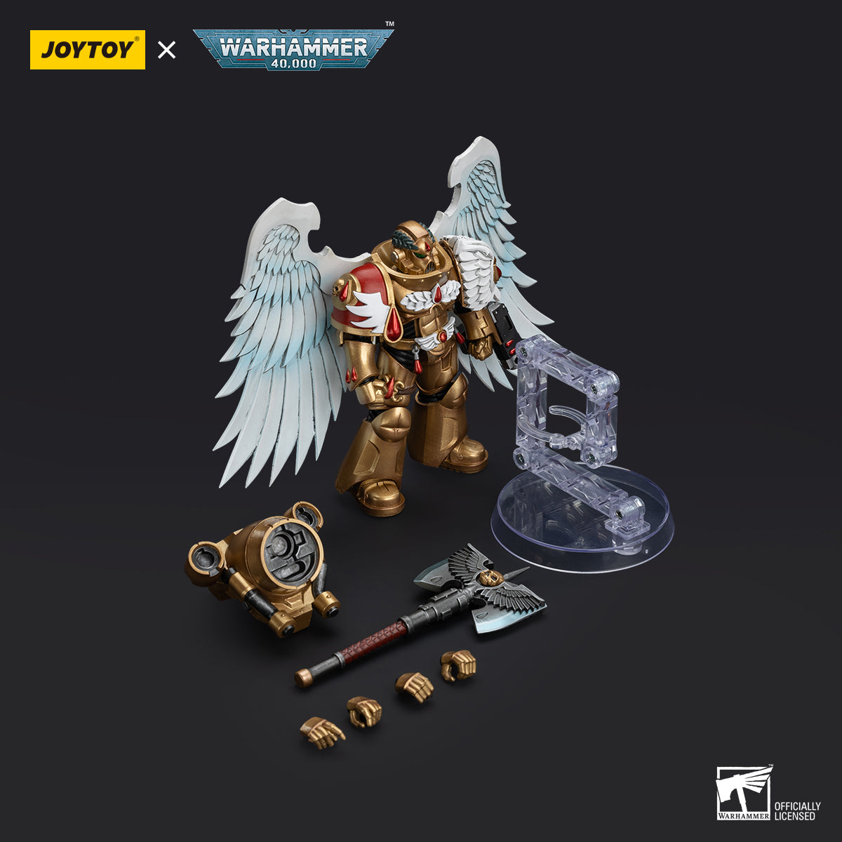 Package contents for Blood Angels Sanguinary Guard with Encarmine Axe, including the figure, Encarmine Axe, interchangeable hands, and additional armor accessories.