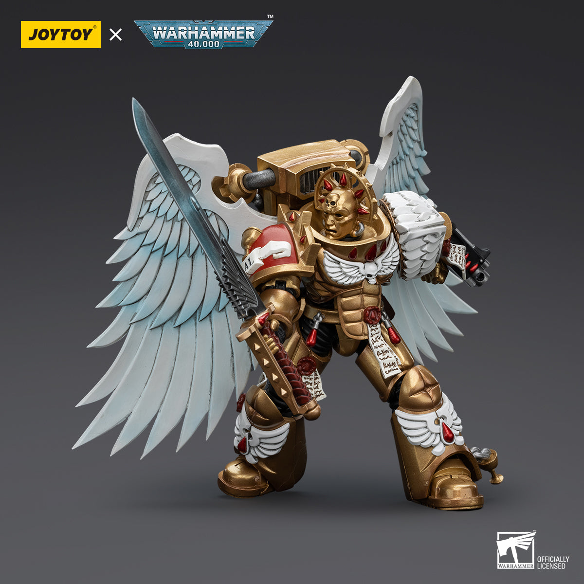 Blood Angels Sanguinary Guard with Encarmine Sword in combat pose, holding the sword in an action-ready stance