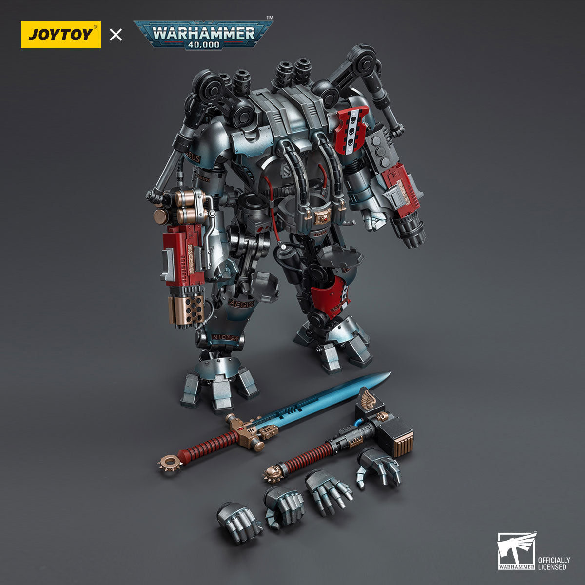 Contents of JoyToy Warhammer 40K Grey Knights Nemesis Dreadknight package, including the detailed action figure, accessories like interchangable hands and weapons, all presented in an organized manner