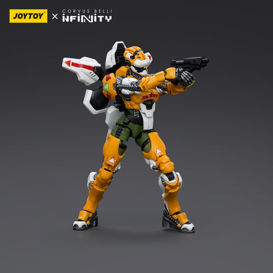 Yu Jing Special Action Team - Tiger Soldier Female in combat pose, crouched and ready for action. The soldier holds a rifle with precision, showcasing her agility and deadly accuracy in battle, with detailed armor and tactical gear.