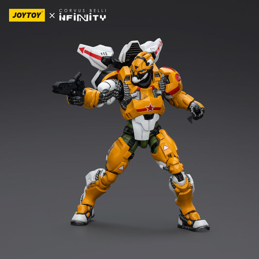 Yu Jing Special Action Team - Tiger Soldier Male in combat pose, crouching with rifle raised. The soldier is ready for action, showcasing a highly detailed stance with tactical armor and precision weaponry, ready for combat engagement.