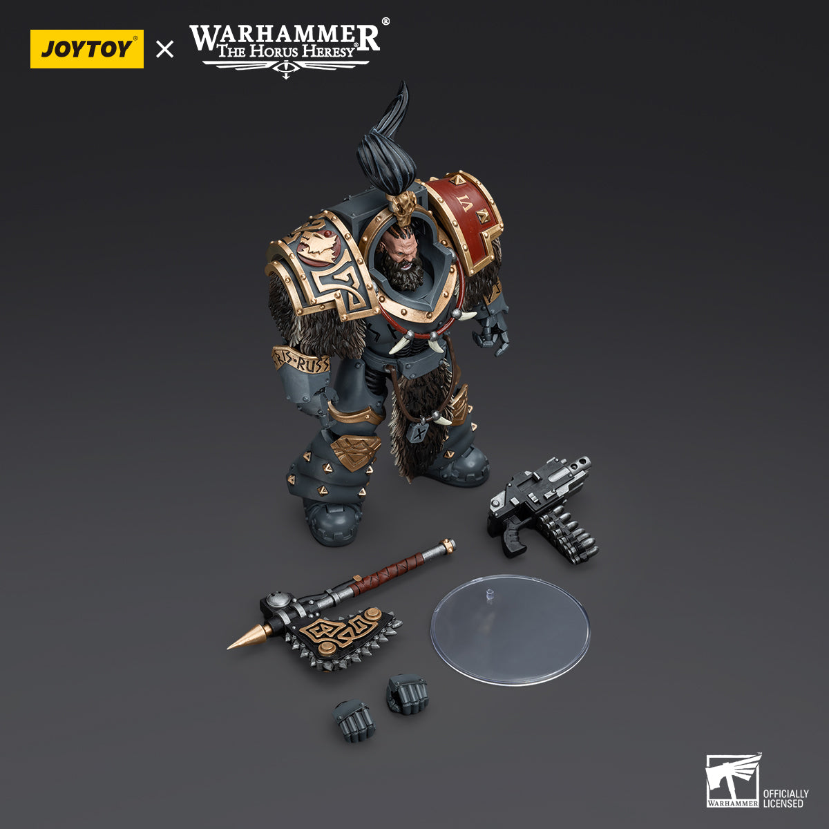 Package contents for Space Wolves Varagyr Thegn, including the figure, axe, interchangeable hands, and additional armor accessories.
