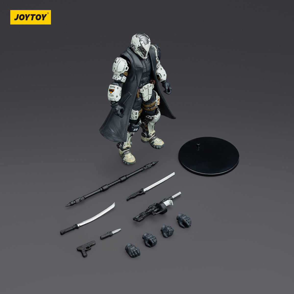 Package contents for Sorrow Expeditionary Forces - 09th Legion Assault Company - Striker. Includes action figure, multiple weapons, interchangeable hands, and accessories.