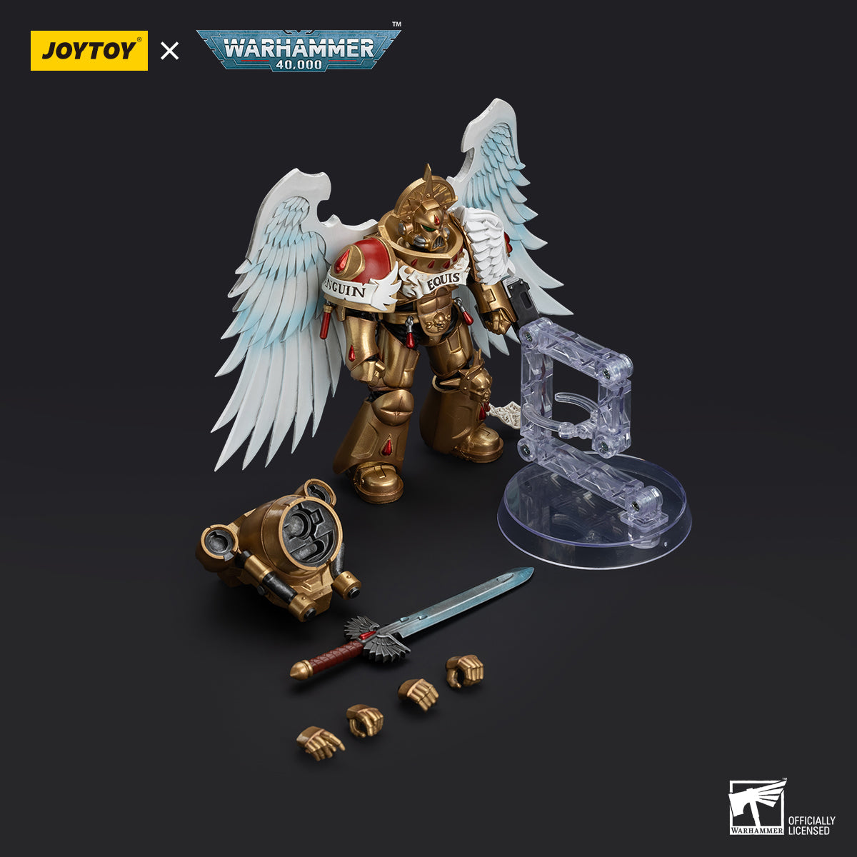 Package contents for Blood Angels Sanguinary Guard with Encarmine Sword, including the figure, Encarmine Sword, interchangeable hands