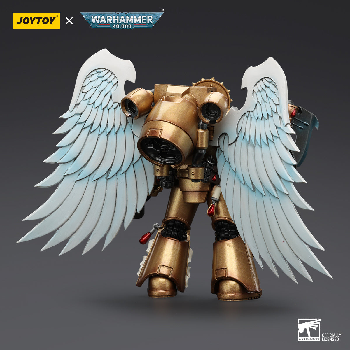 Back view of Blood Angels Sanguinary Guard with Encarmine Axe and Inferno Pistol, highlighting the rear of the figure’s armor, the iconic cape, and the placement of the weapons on the figure’s back and side.