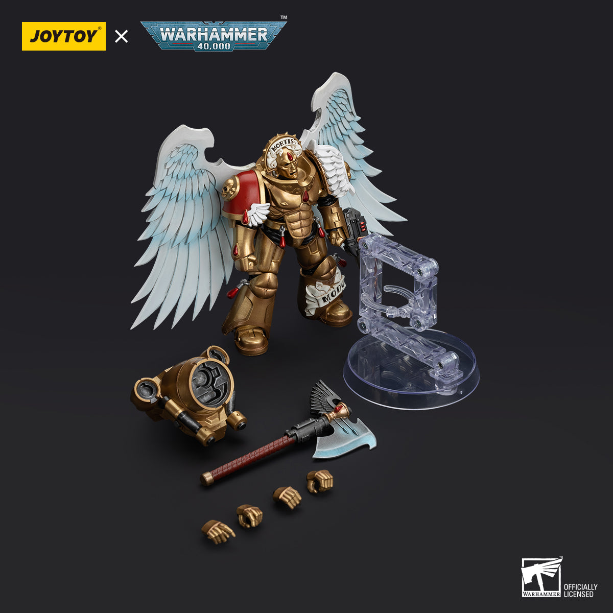 Package contents for Blood Angels Sanguinary Guard with Encarmine Axe and Inferno Pistol, including the figure, Encarmine Axe, Inferno Pistol, interchangeable hands, and armor accessories.