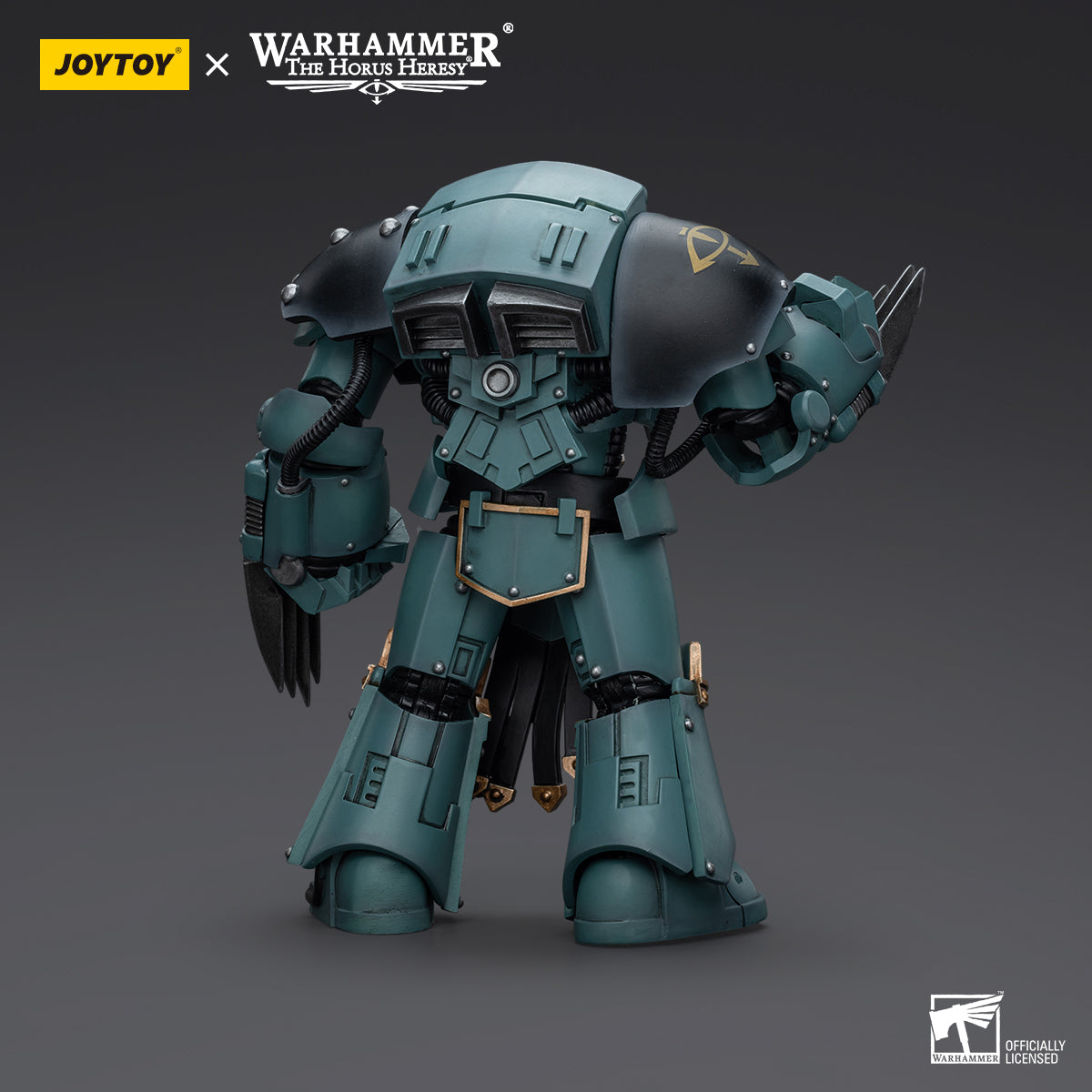 Back view of Sons of Horus Tartaros Terminator with Lightning Claws, highlighting the rear armor, power pack, and the intricate design of the lightning claws