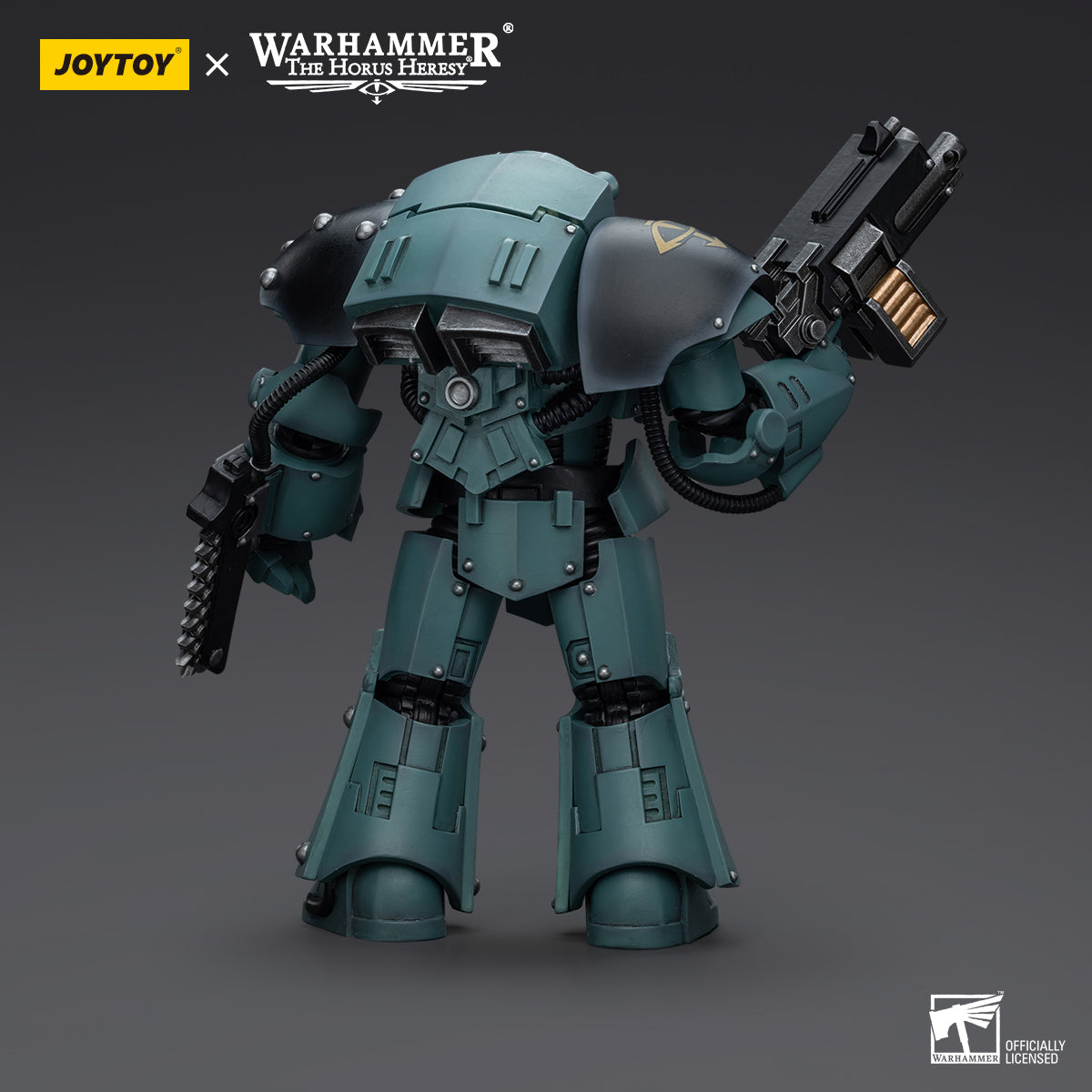 Back view of Sons of Horus Tartaros Terminator with Combi-Bolter and Chainfist, highlighting the rear armor, power pack, and intricate details of the combi-bolter and chainfist.