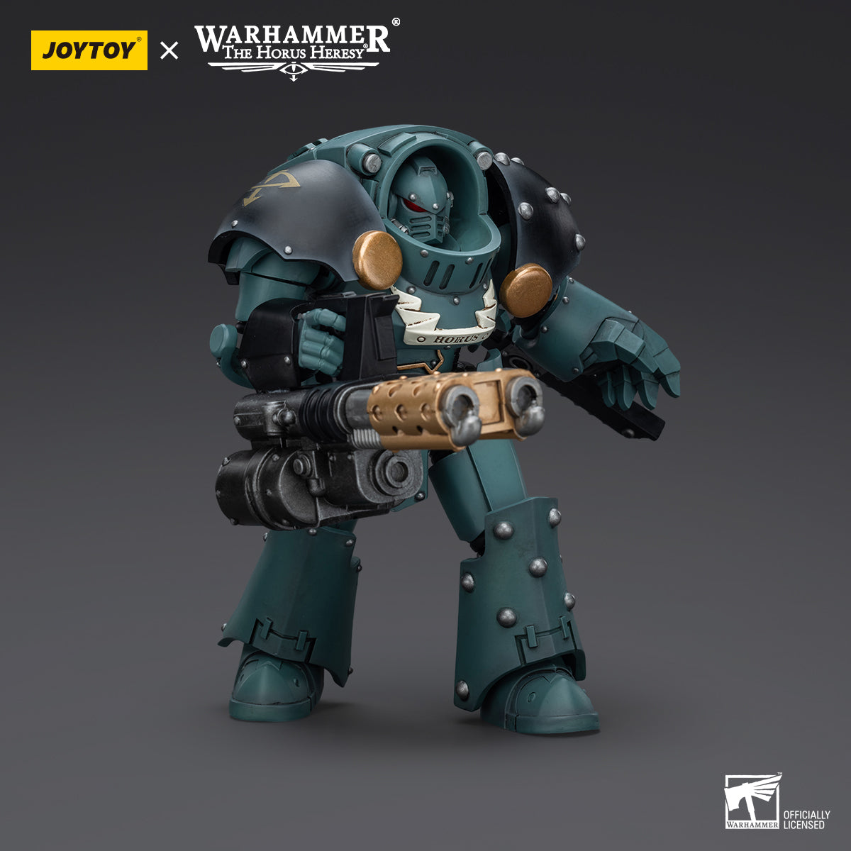 MKIV Tactical Squad Sergeant Terminator with Heavy Flamer and Chainfist in marching pose, moving forward with weapons ready, armor gleaming and prepared for the next battle