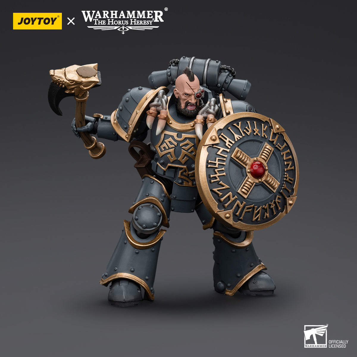 Space Wolves Huscarl in battle stance, holding his axe in an aggressive combat position, fully armored and prepared for action.