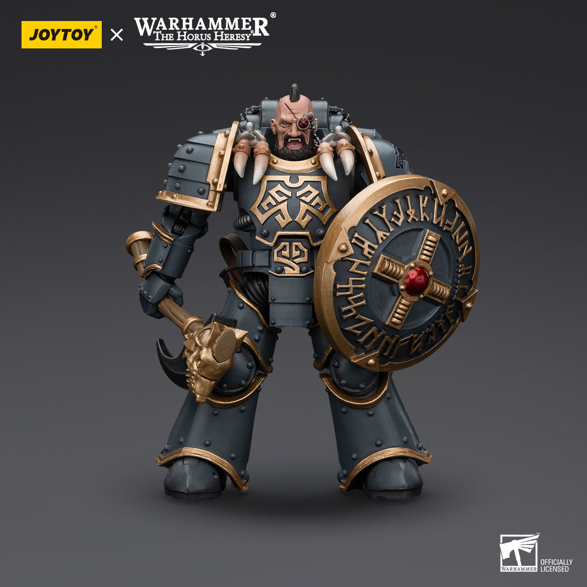 Space Wolves Grey Slayer Pack Huscarl in full armor, front view. Iconic wolf-themed armor with a battle axe raised in preparation for combat.