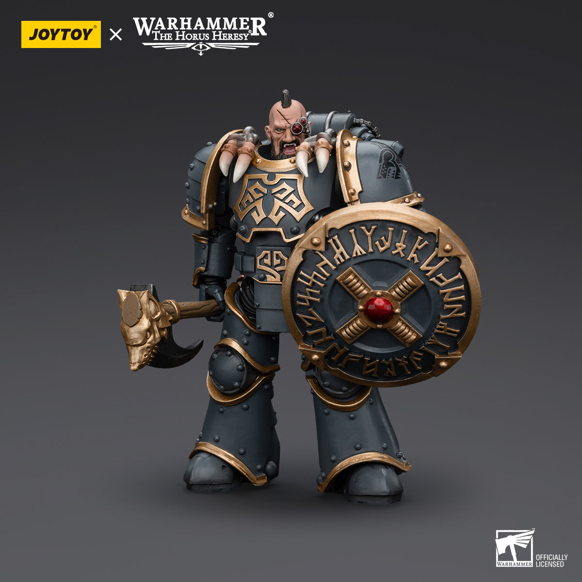 Space Wolves Grey Slayer Pack Huscarl in full armor, front view. Iconic wolf-themed armor with a battle axe raised in preparation for combat.