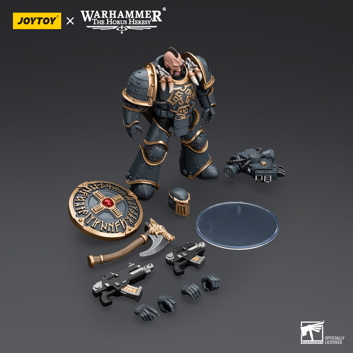 Package contents for Space Wolves Huscarl, including the figure, battle axe, and interchangeable hands and accessories.