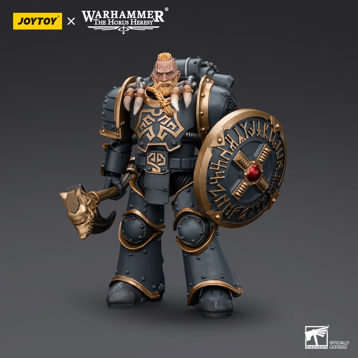 Space Wolves Grey Slayer in full armor, front view. Warrior with wolf-themed armor and weapons, ready for battle.