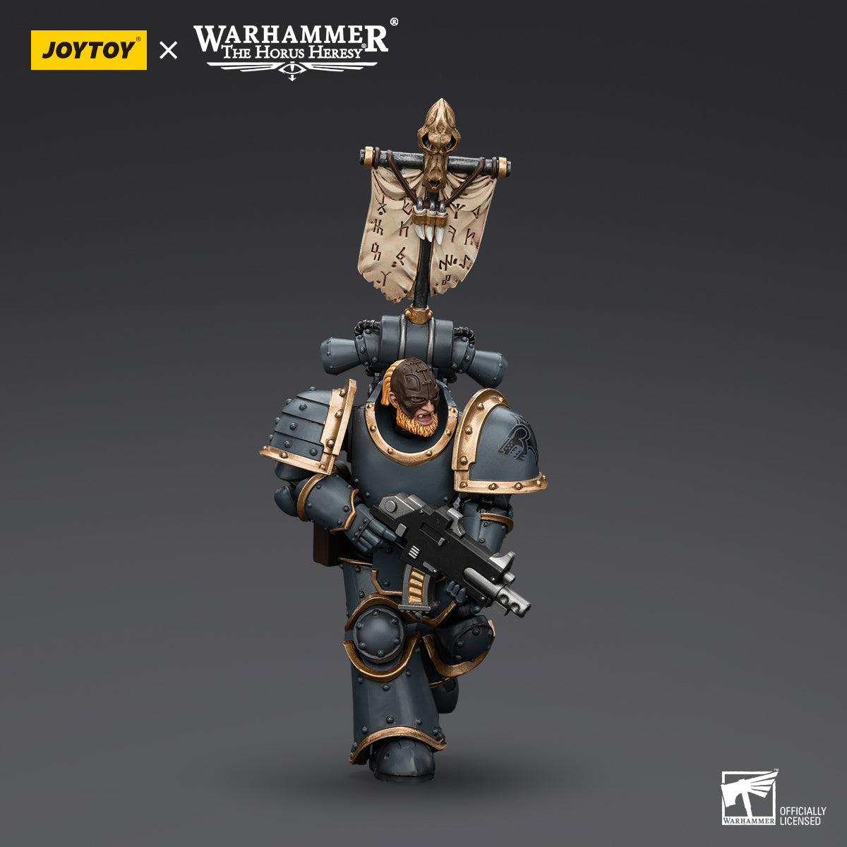 Space Wolves Grey Slayer with Legion Vexilla in marching pose, holding the vexilla high and walking forward in full armor, ready to lead the charge.