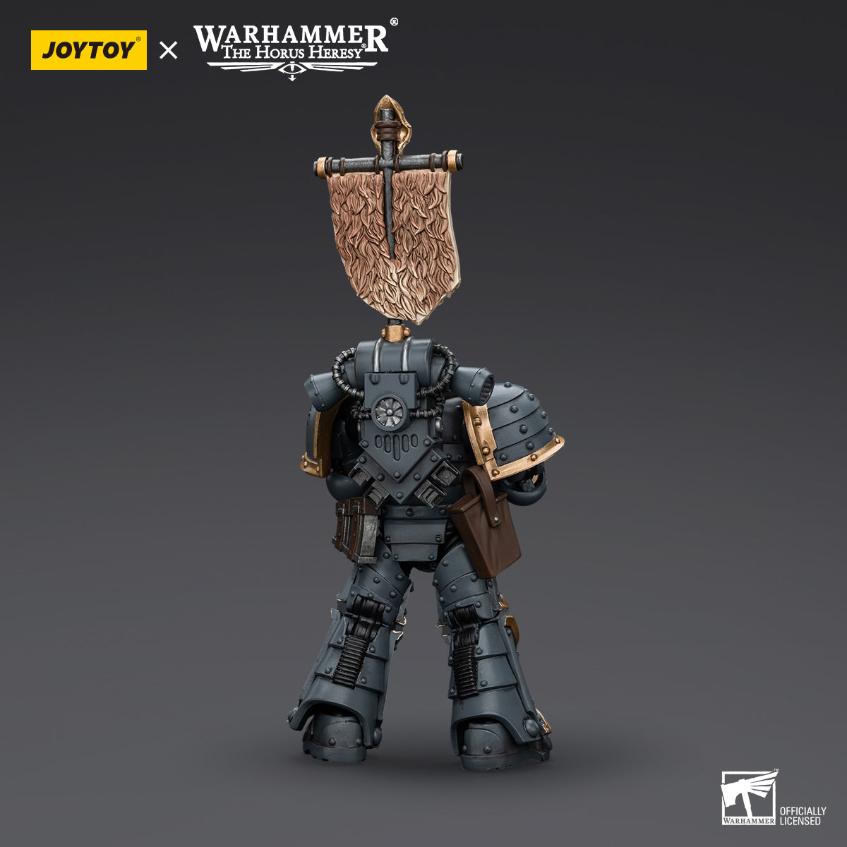 Back view of Space Wolves Grey Slayer with Legion Vexilla, highlighting the rear of the armor and the vexilla’s full design.