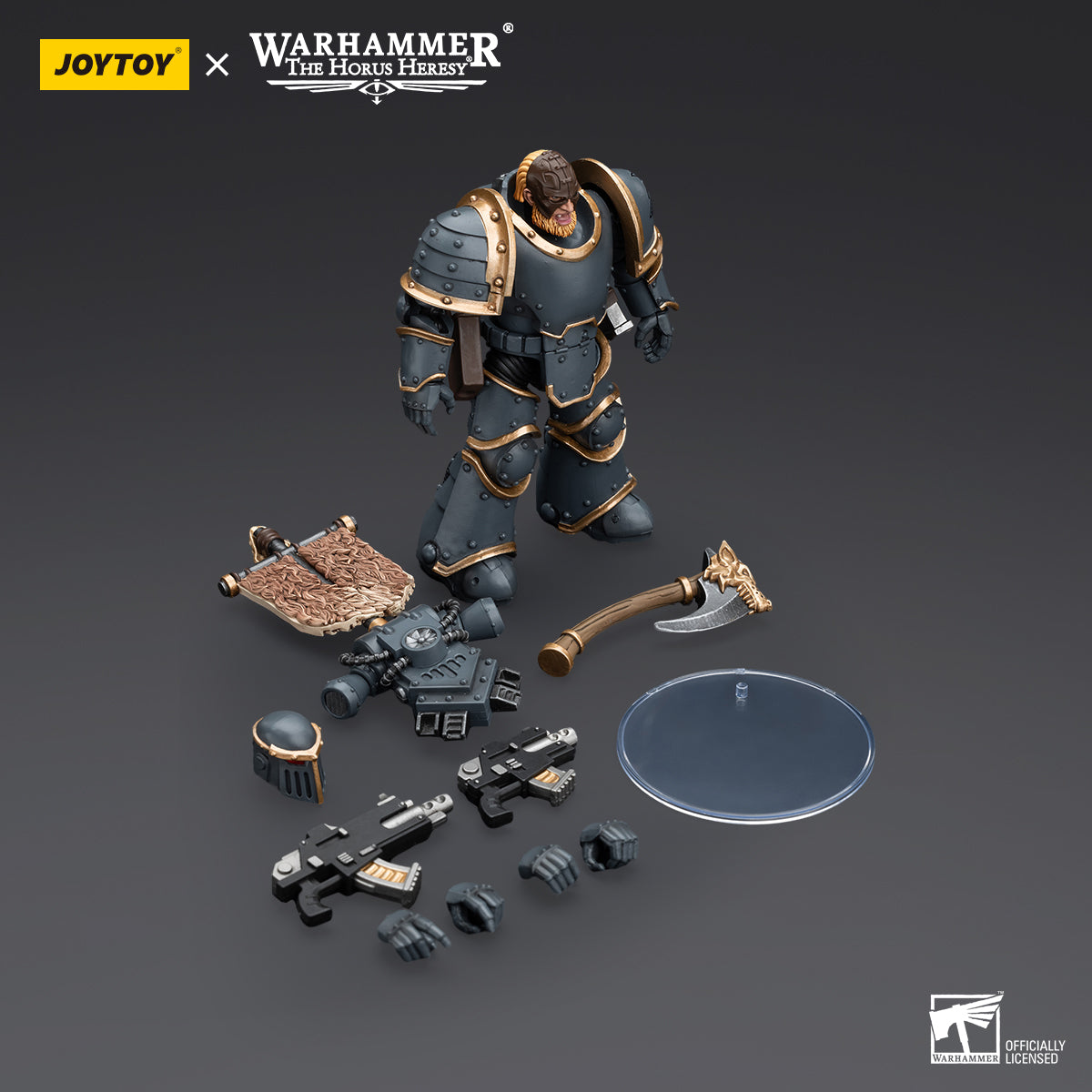 Package contents for Space Wolves Grey Slayer with Legion Vexilla, including the figure, vexilla, interchangeable hands, and armor accessories.