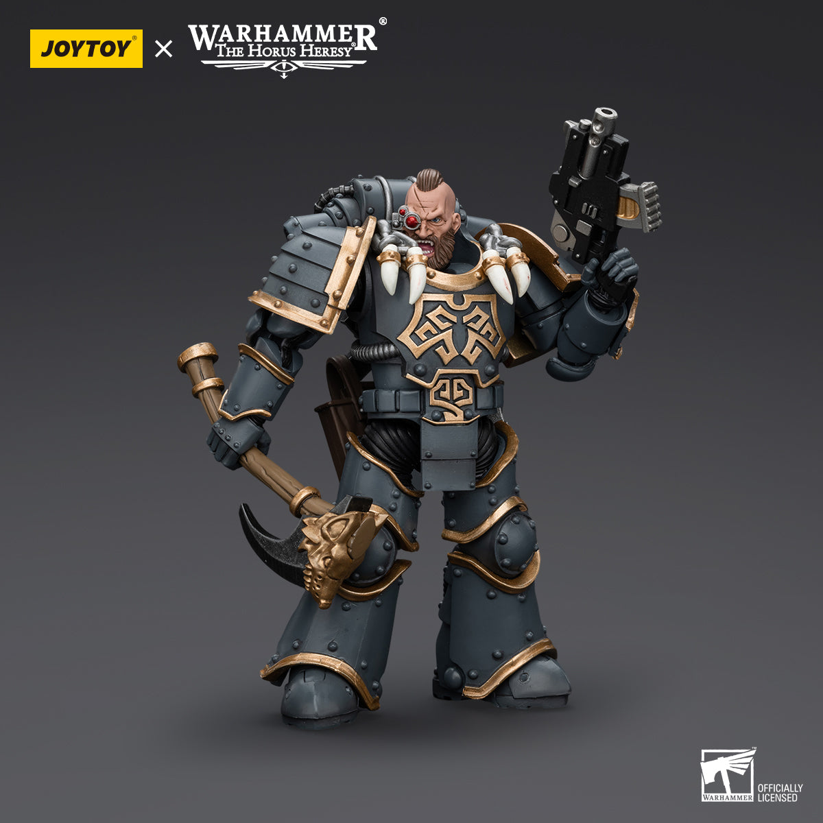 Space Wolves Grey Slayer in full armor, front view. Warrior with wolf-themed armor and weapons, ready for battle.