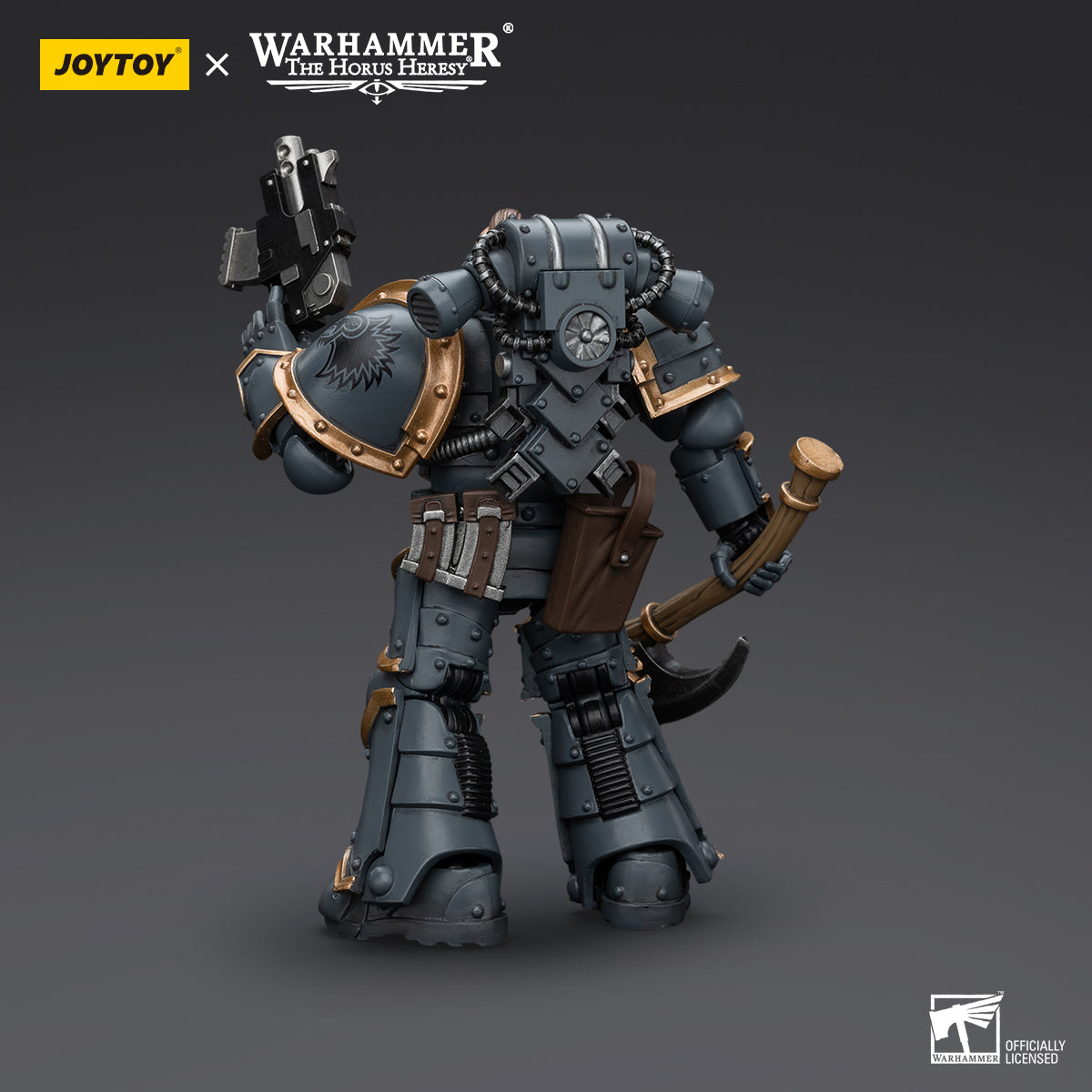Back view of Space Wolves Grey Slayer, highlighting the rear armor, power pack, and wolf pelt details, prepared for combat.